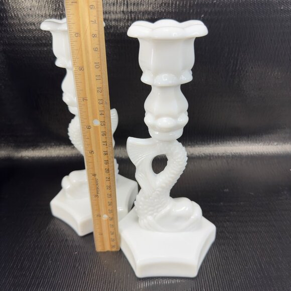 Westmoreland Dolphin Koi Fish Candlestick Pair Milk Glass Candle Holders Set 2 - Picture 2 of 10